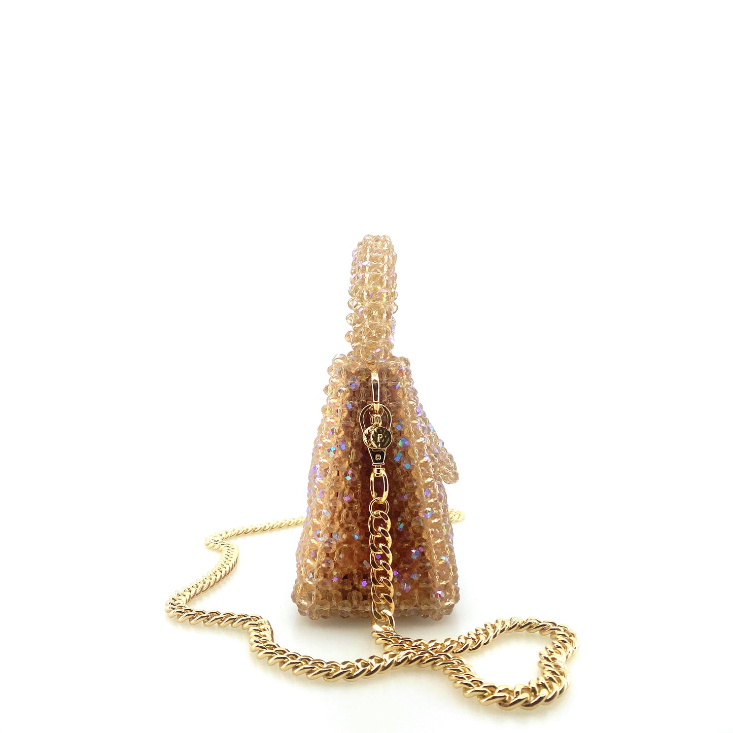 beige beaded handbag with gold chain. on white background