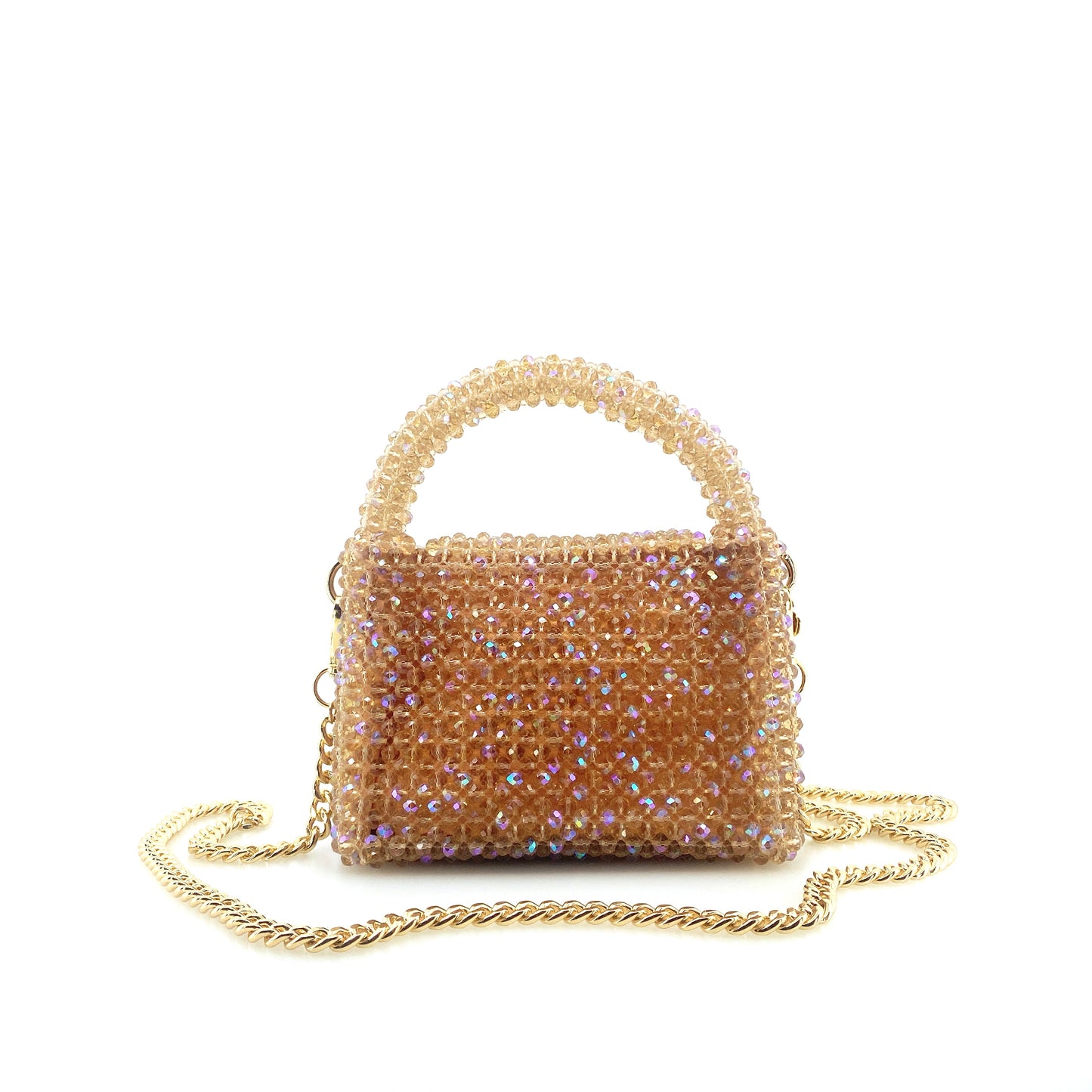 beige beaded handbag with gold chain. on white background