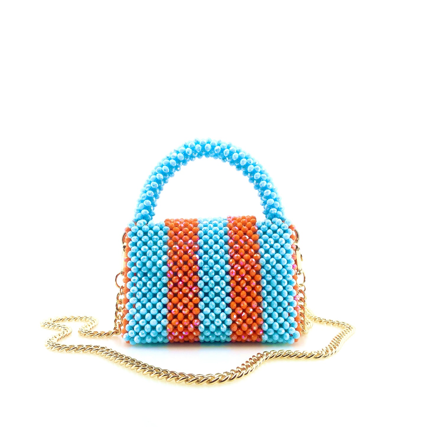 blue and orange stripe beaded handbag with gold chain. on white background