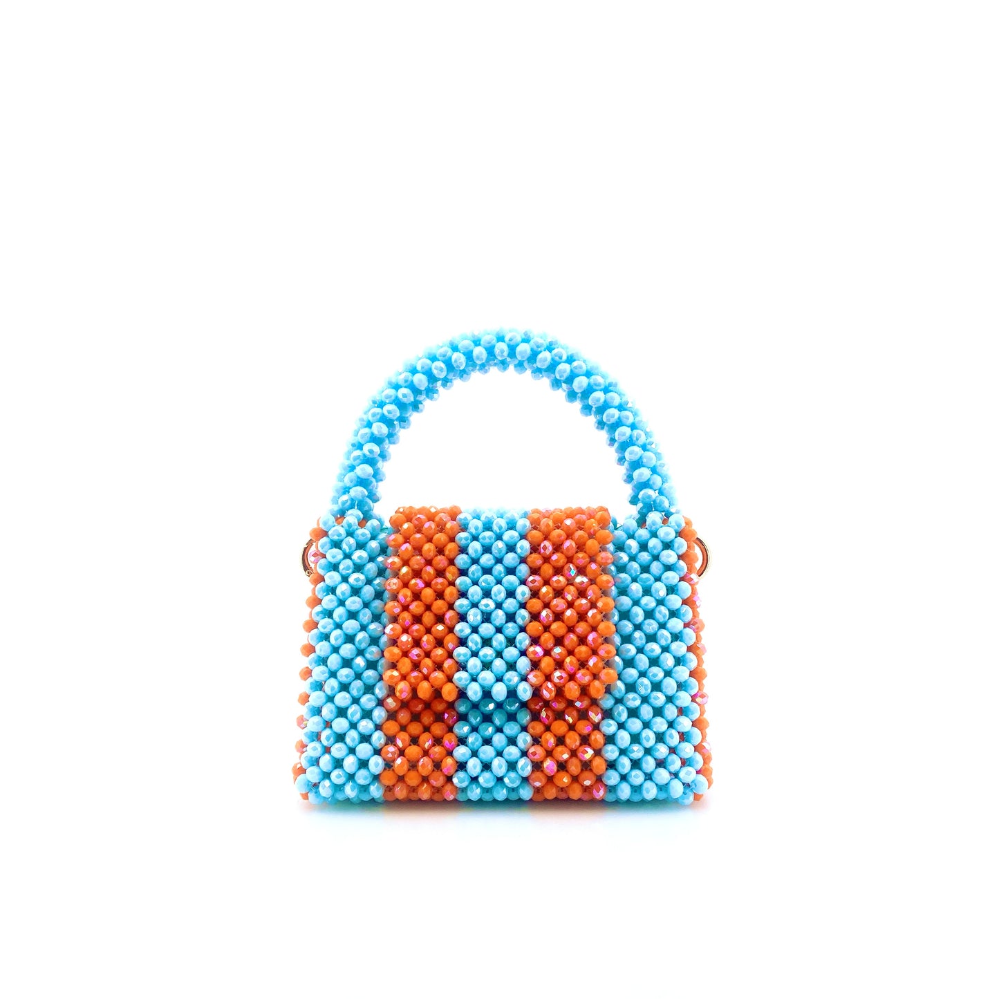 blue and orange stripe beaded handbag. on white background