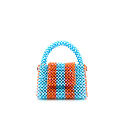 blue and orange stripe beaded handbag. on white background