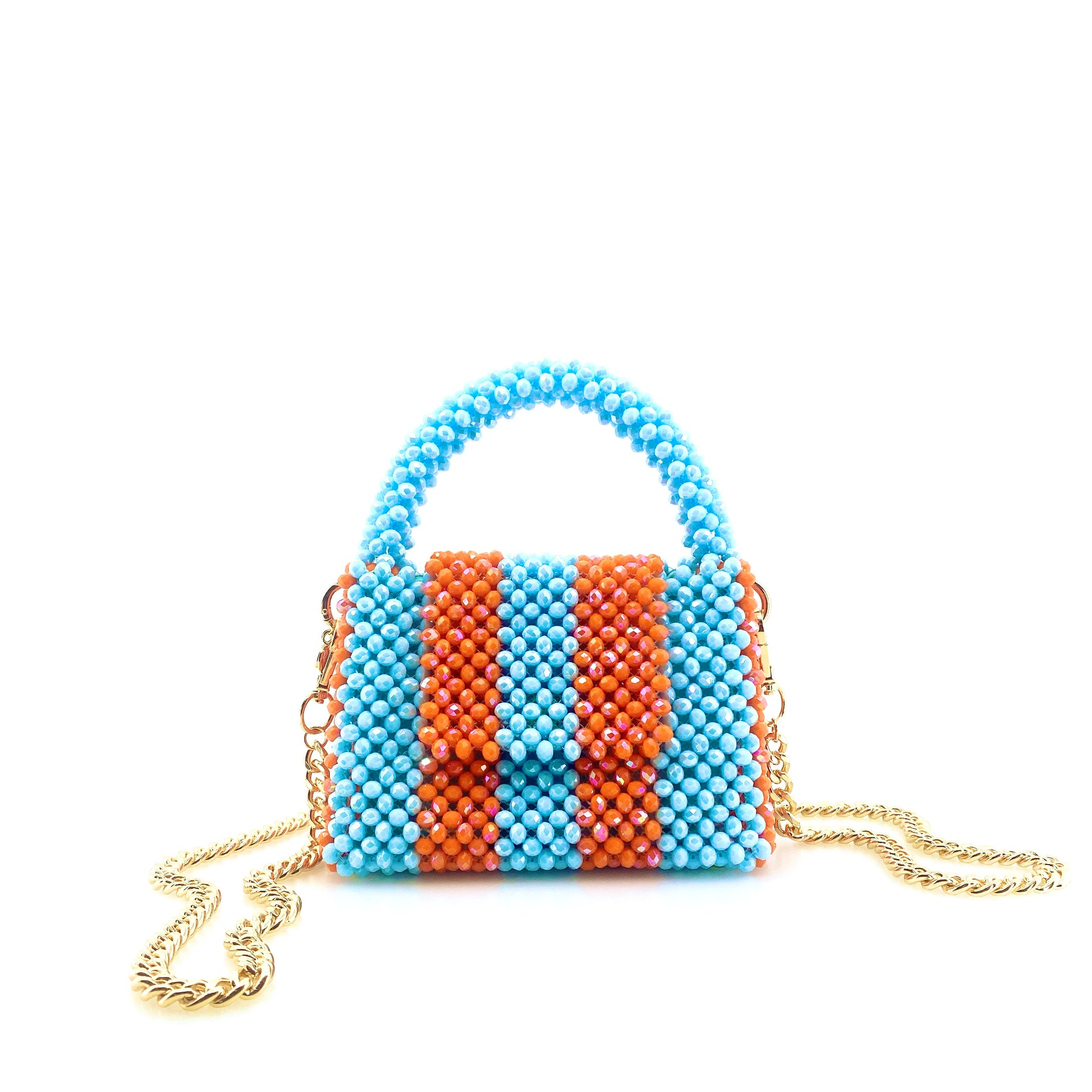 blue and orange stripe beaded handbag with gold chain. on white background