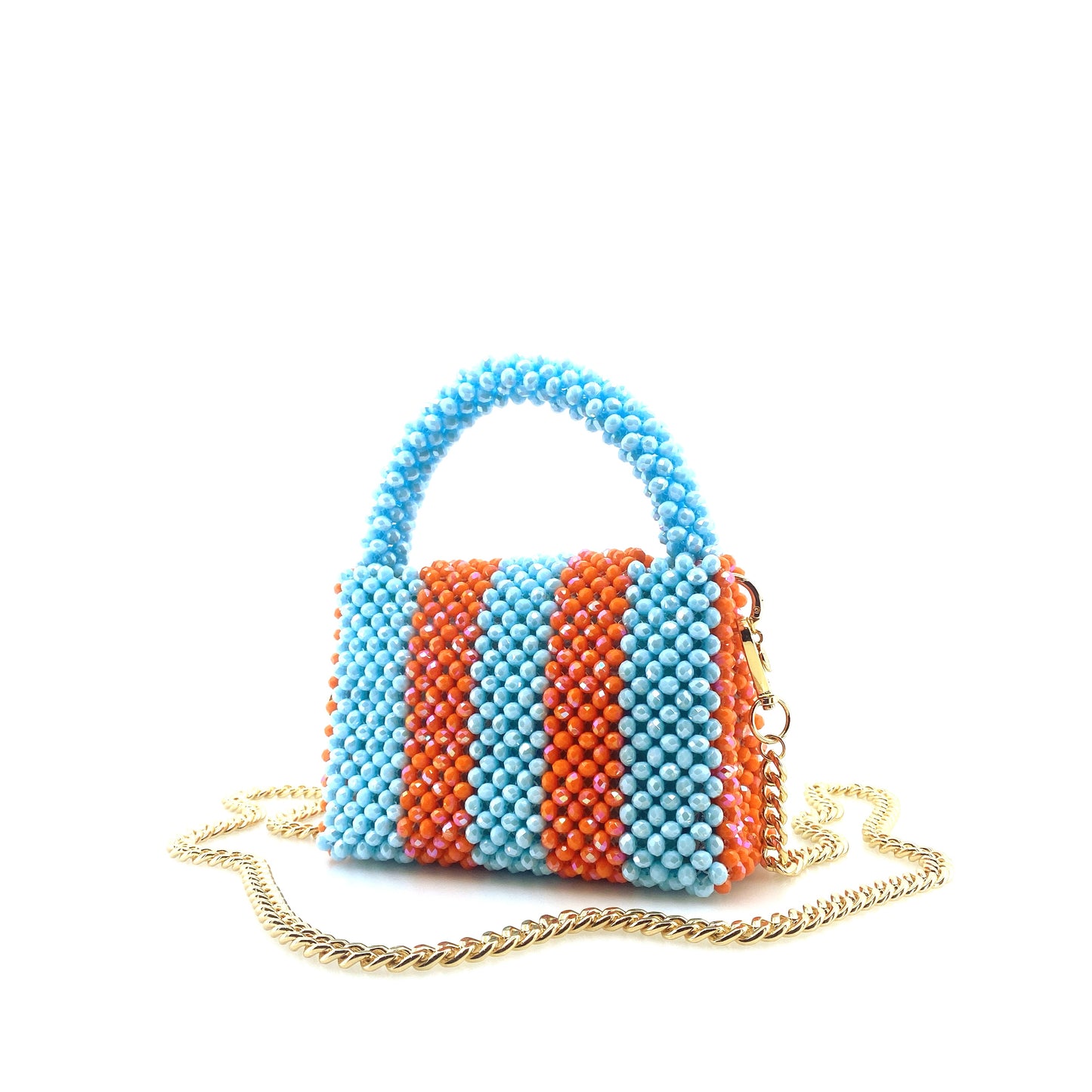 blue and orange stripe beaded handbag with gold chain. on white background