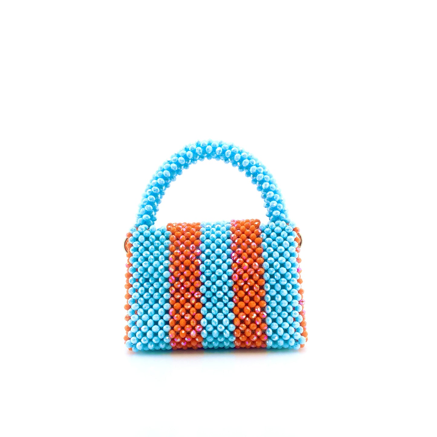 blue and orange stripe beaded handbag. on white background