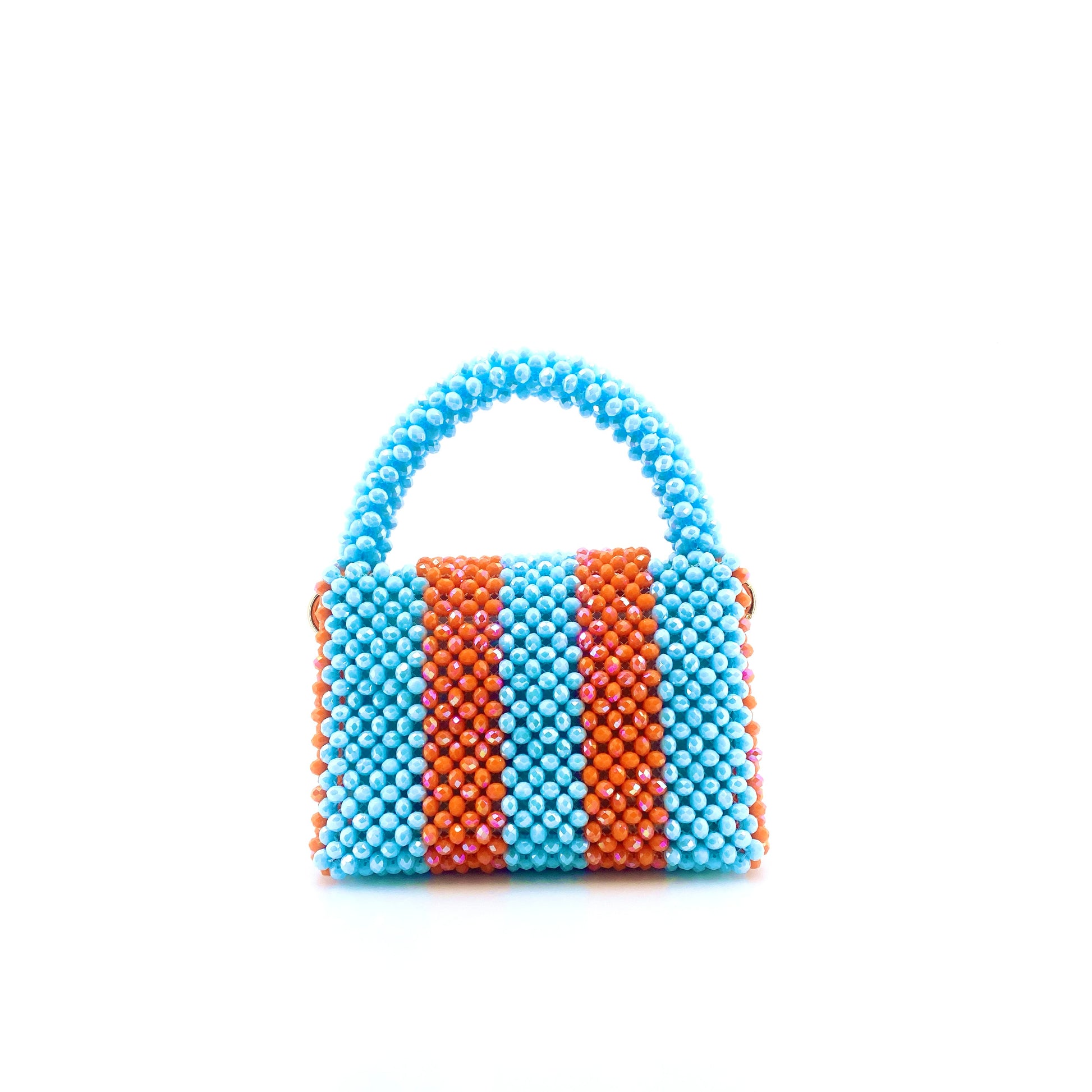 blue and orange stripe beaded handbag. on white background