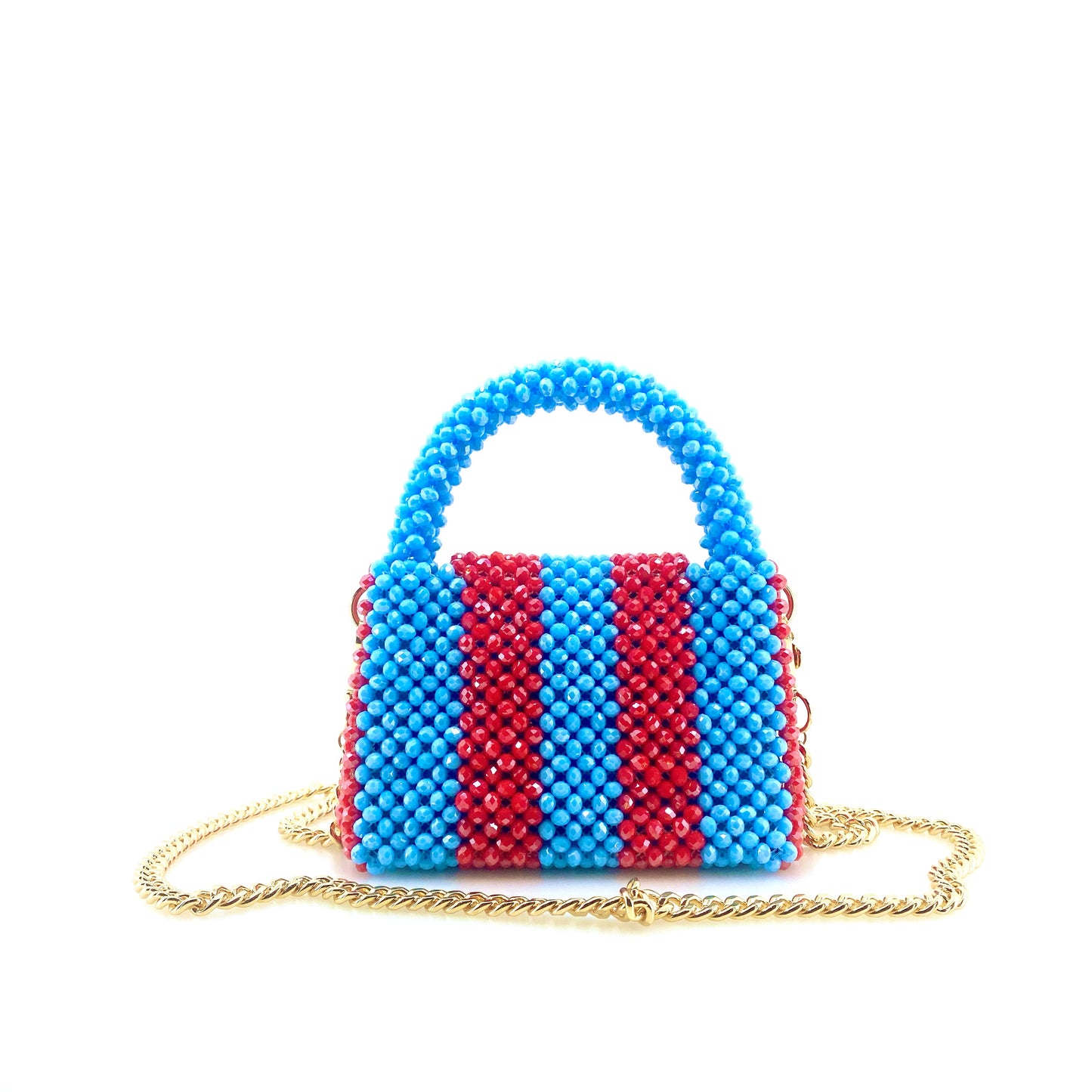 blue and red stripe beaded handbag with gold chain. on white background