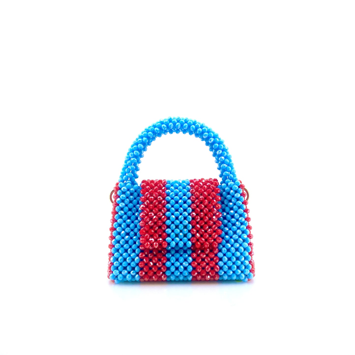 blue and red stripe beaded handbag. on white background