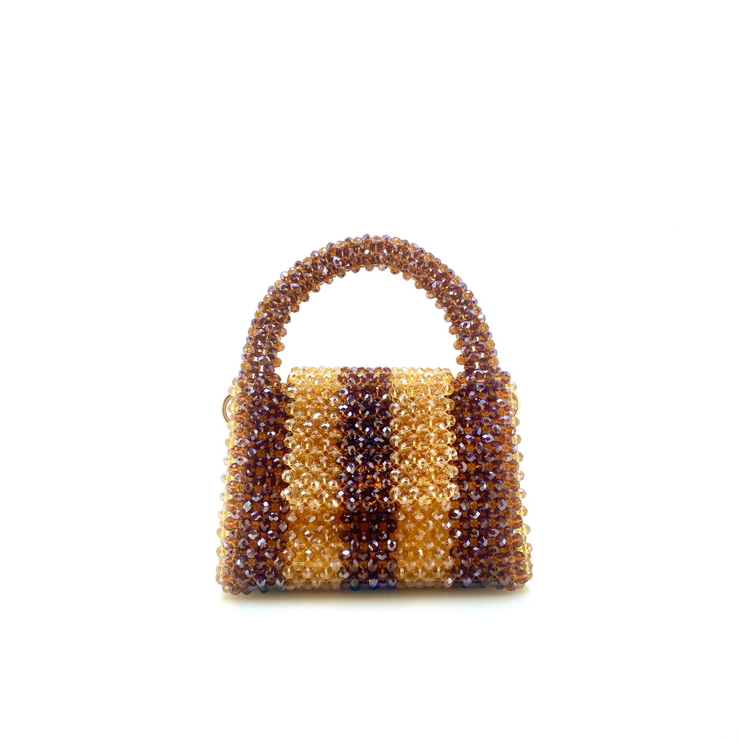 brown and beige stripe beaded bag. on white background