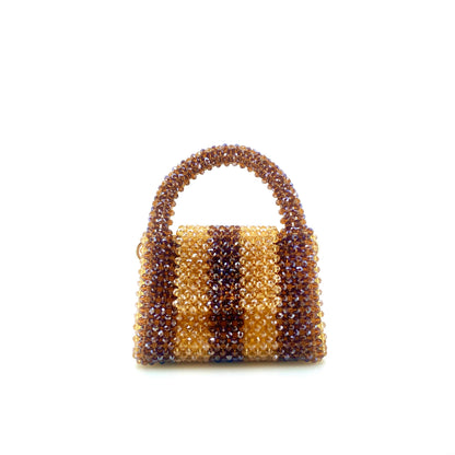 brown and beige stripe beaded bag. on white background