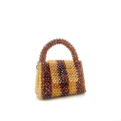brown and beige stripe beaded bag. on white background