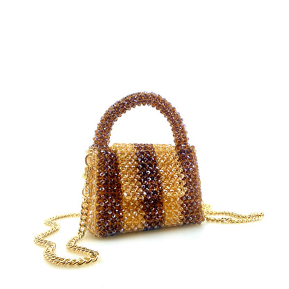 brown and beige stripe beaded handbag with gold chain. on white background