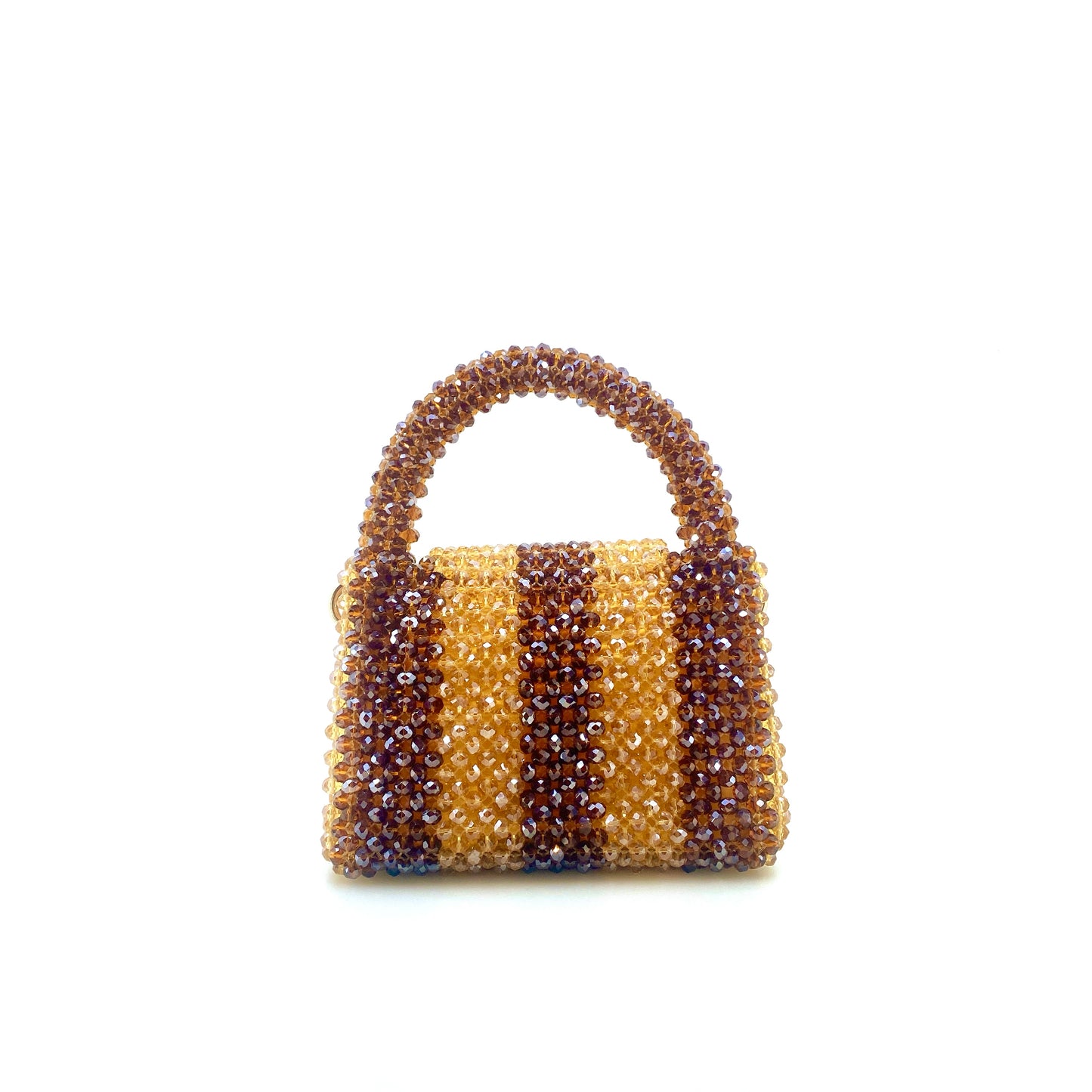 brown and beige stripe beaded bag. on white background