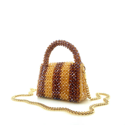 brown and beige stripe beaded handbag with gold chain. on white background