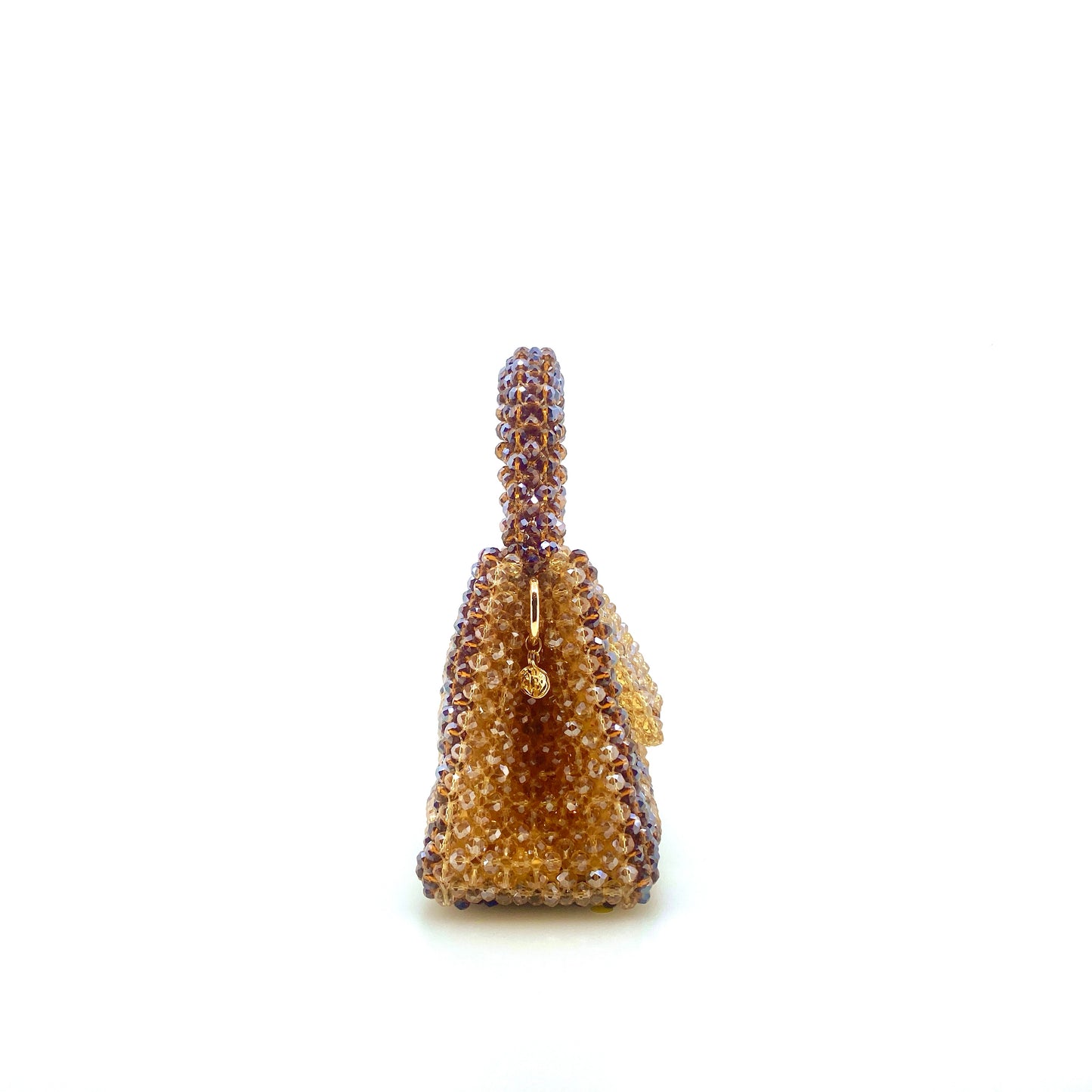 brown and beige stripe beaded bag. on white background
