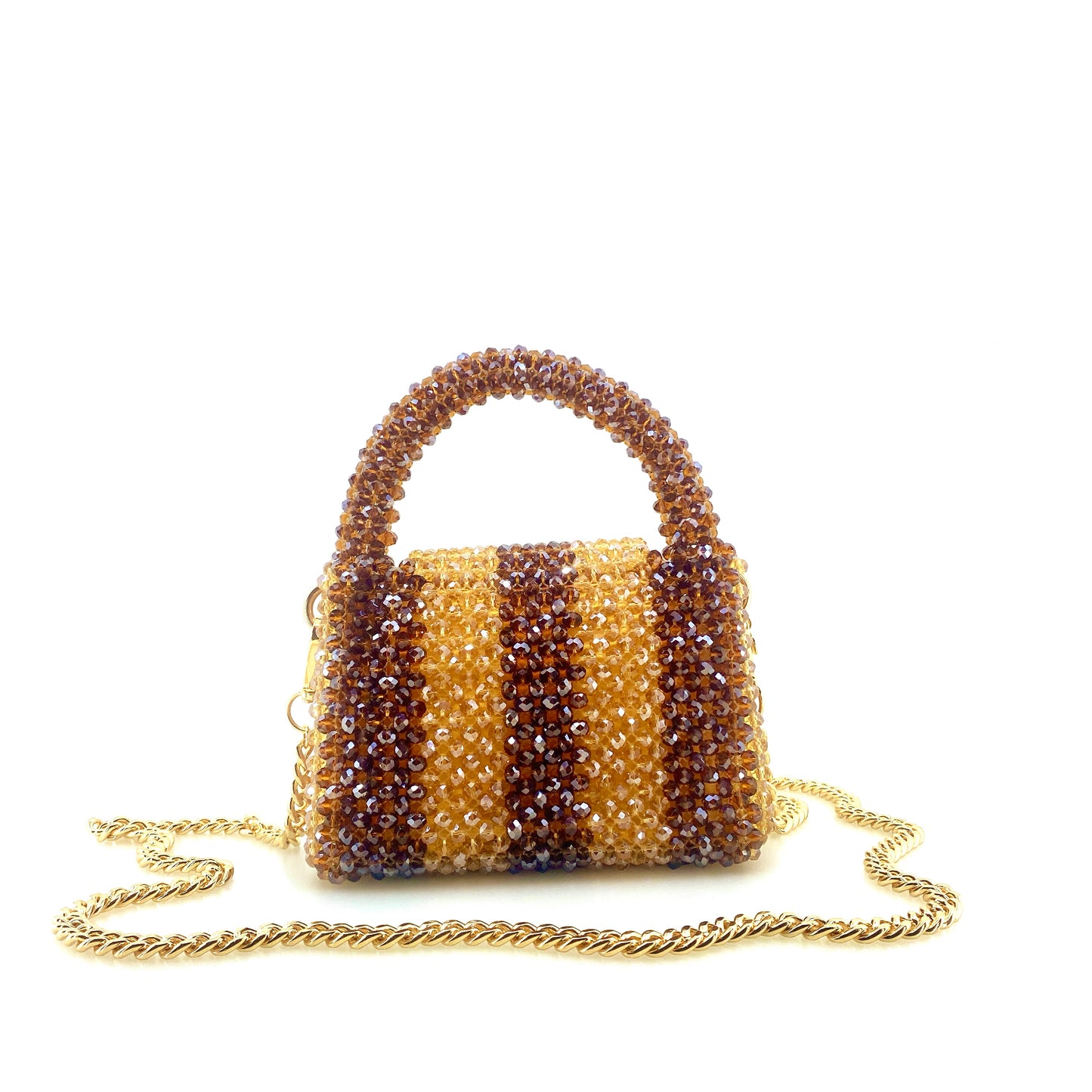 brown and beige stripe beaded handbag with gold chain. on white background
