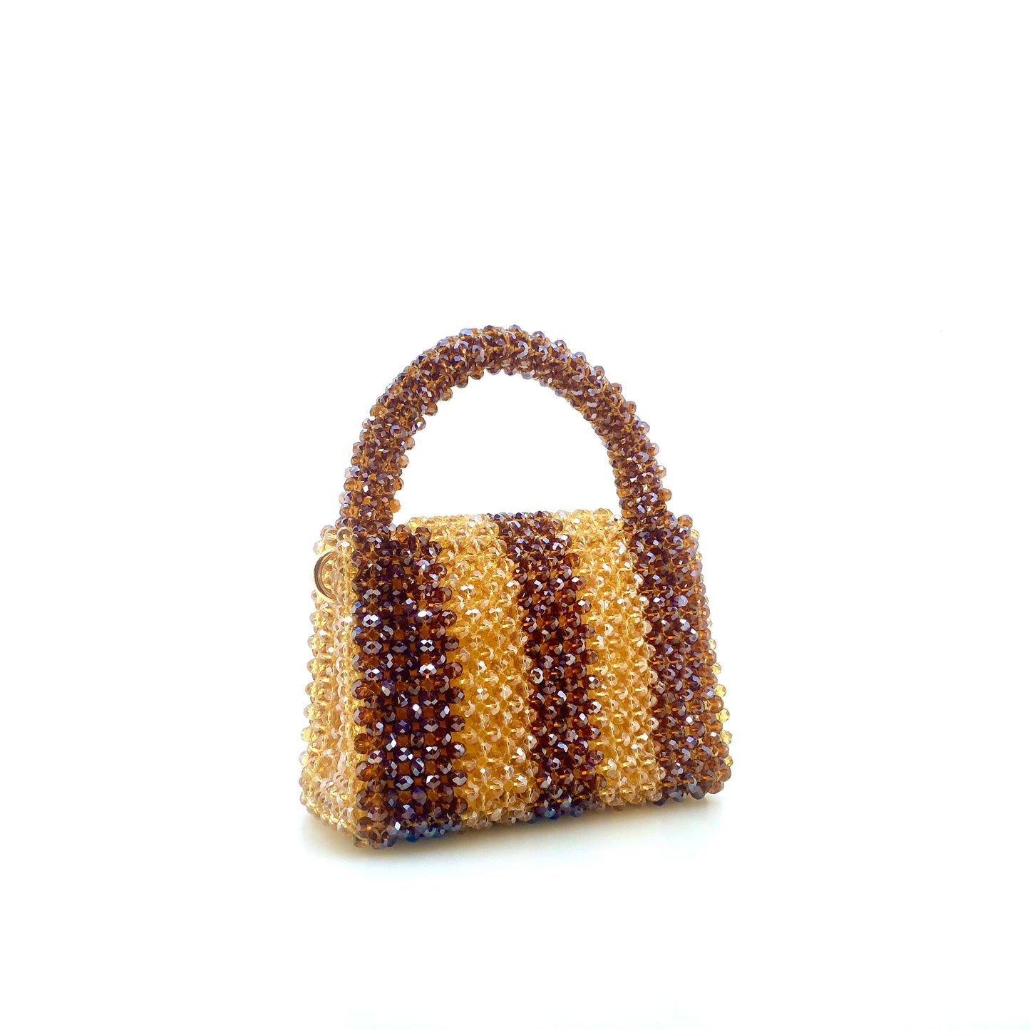 brown and beige stripe beaded bag. on white background