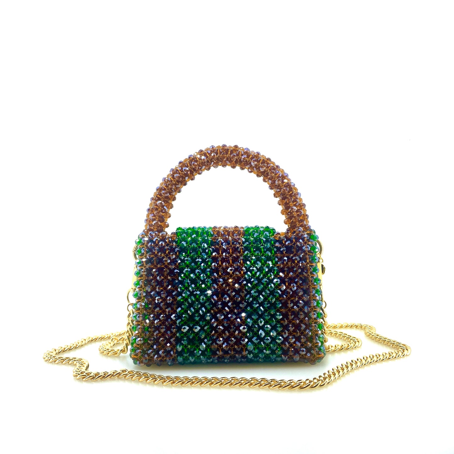 brown and green stripe beaded handbag with gold chain. on white background