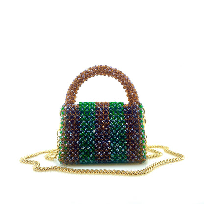 brown and green stripe beaded handbag with gold chain. on white background