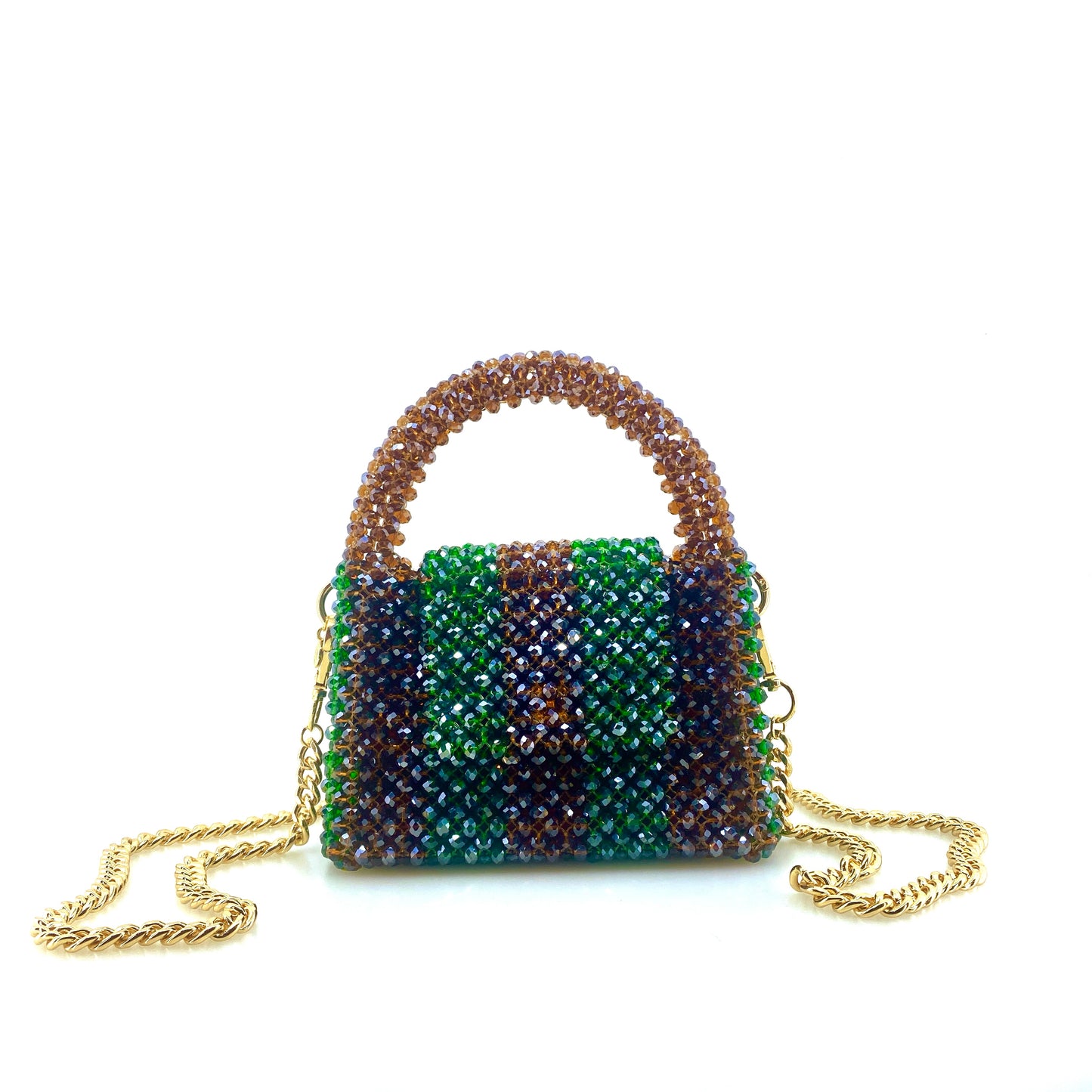 brown and green stripe beaded handbag with gold chain. on white background