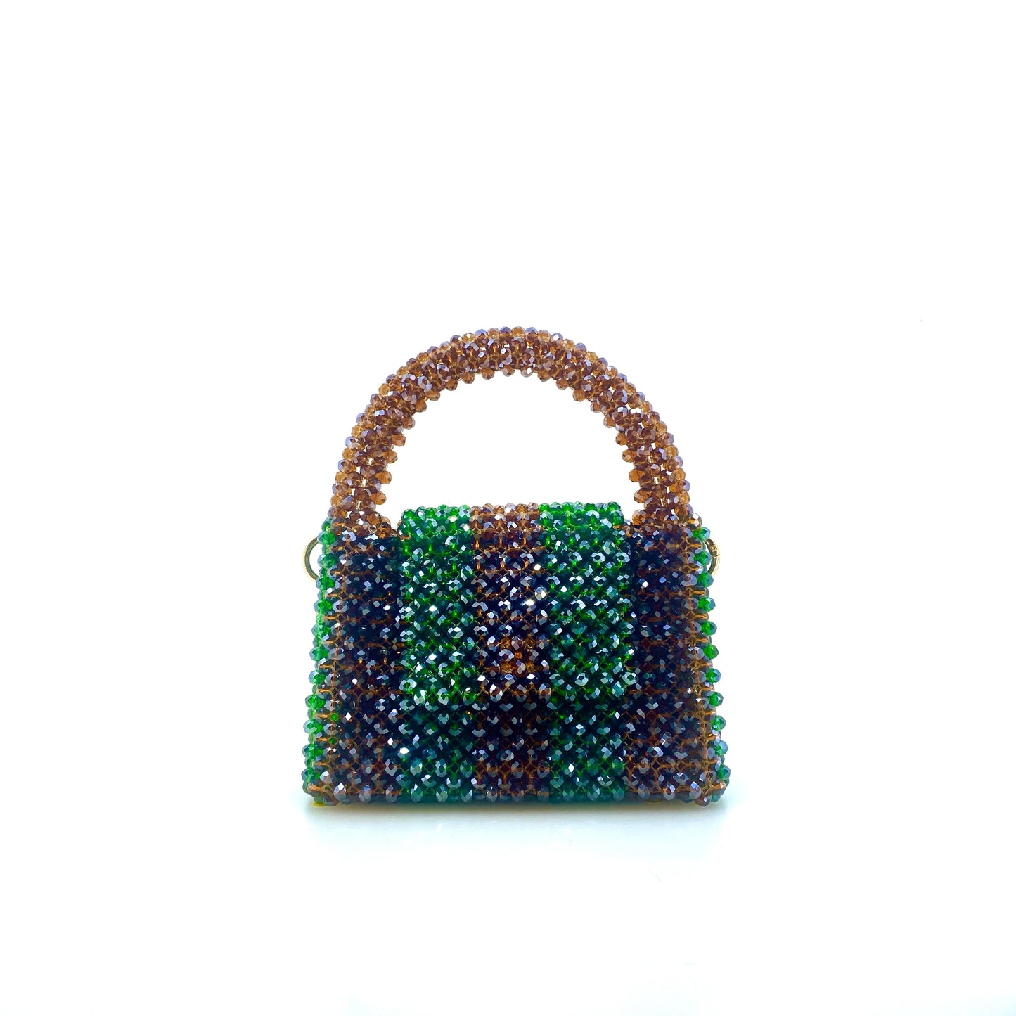 brown and green stripe beaded handbag. on white background