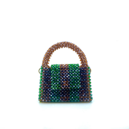 brown and green stripe beaded handbag. on white background