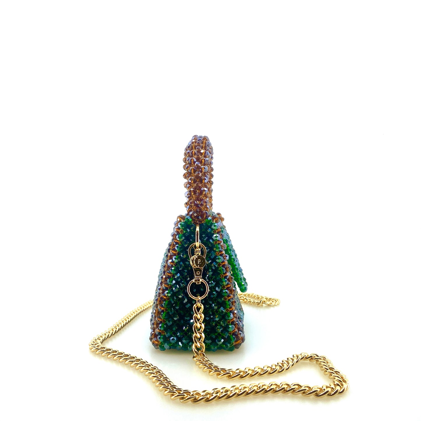 brown and green stripe beaded handbag with gold chain. on white background