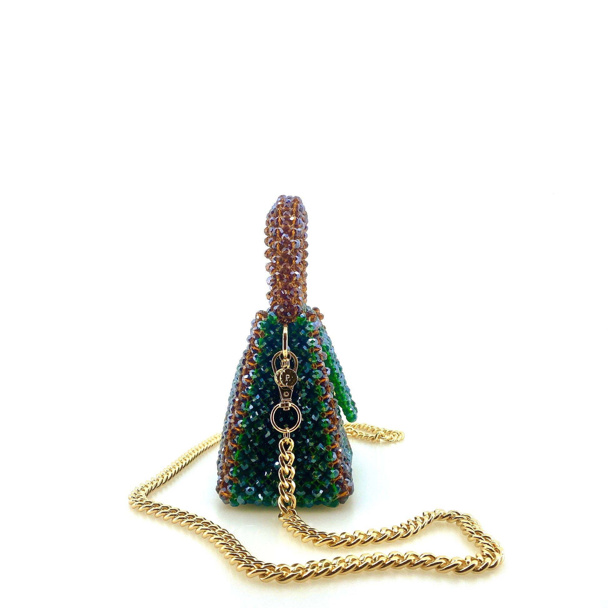 brown and green stripe beaded handbag with gold chain. on white background