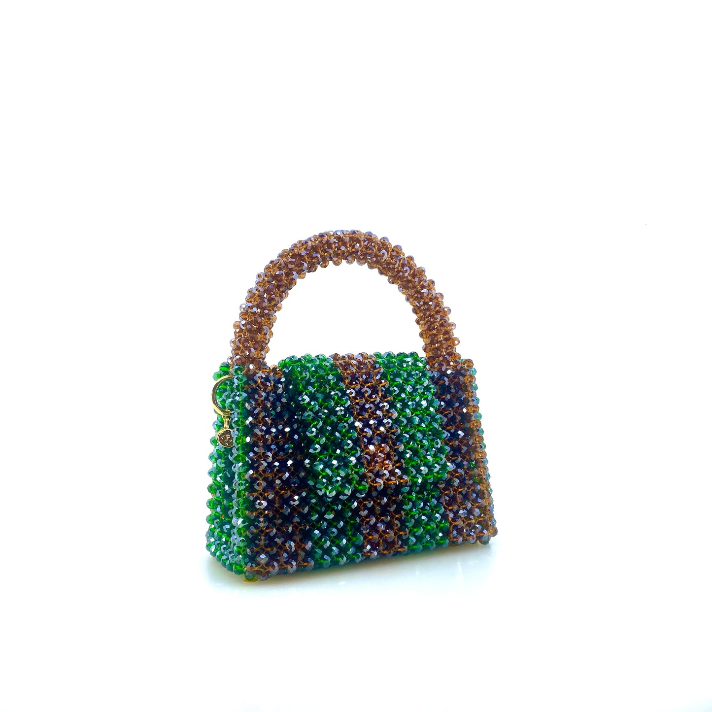 brown and green stripe beaded handbag. on white background