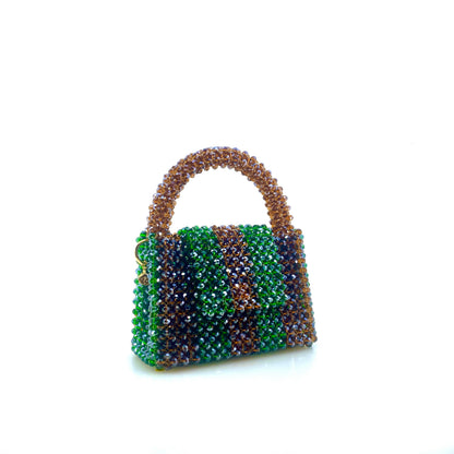 brown and green stripe beaded handbag. on white background