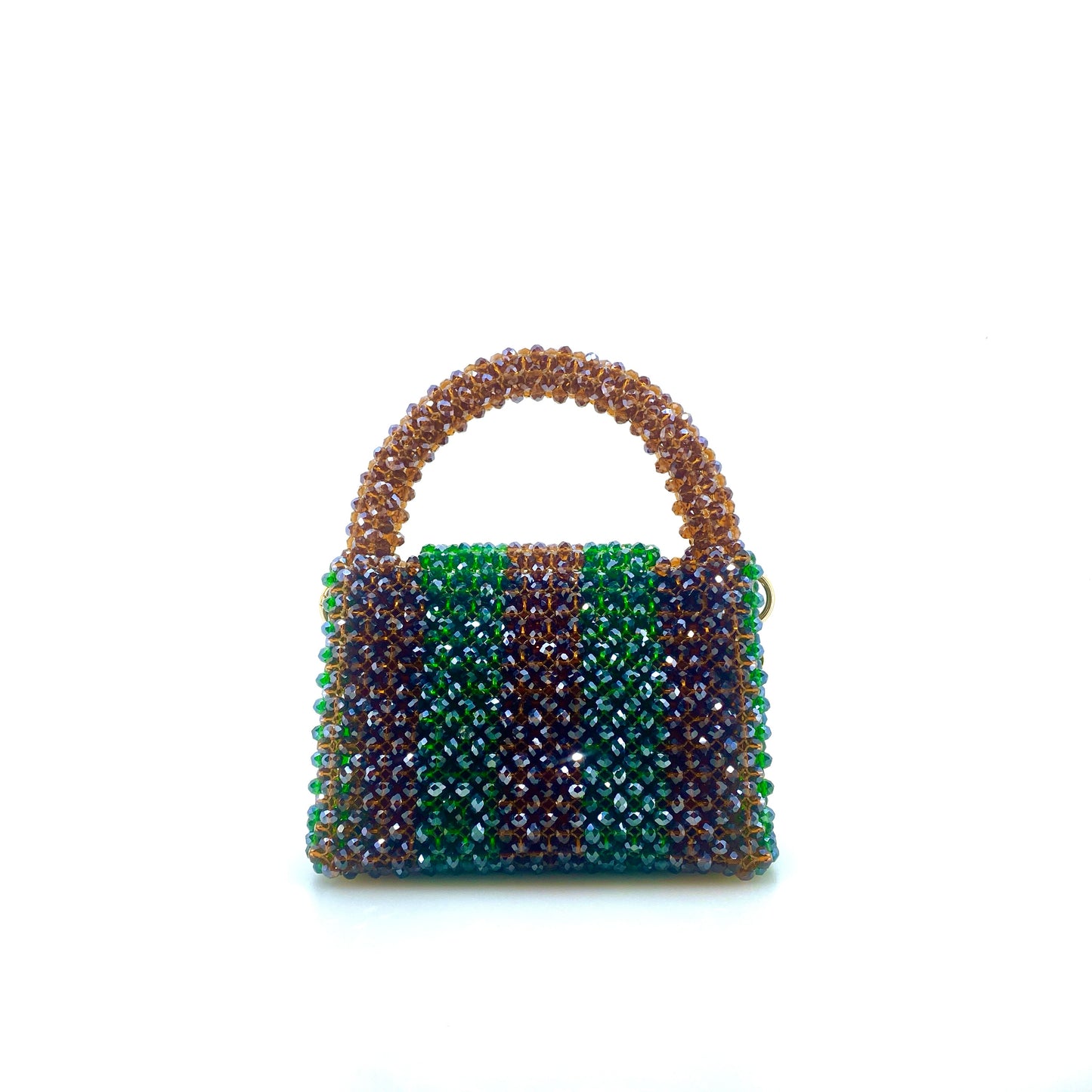 brown and green stripe beaded handbag. on white background