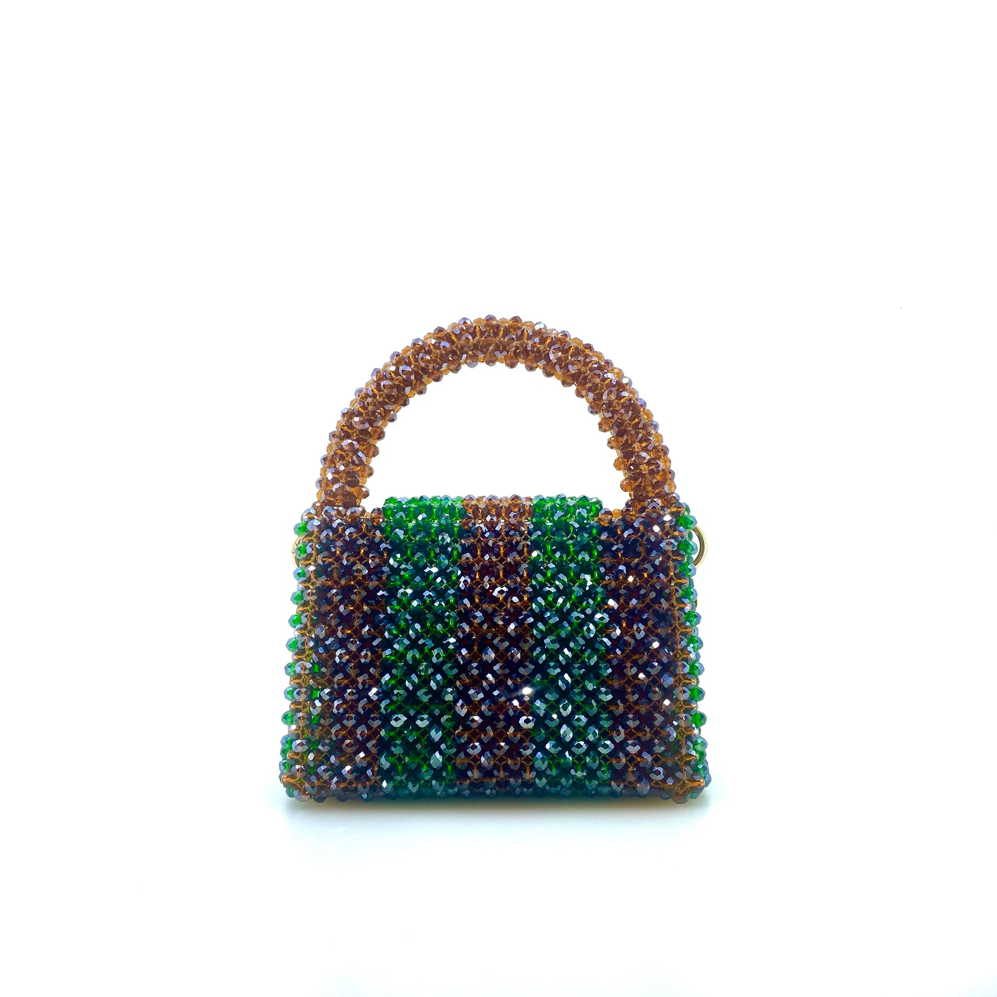 brown and green stripe beaded handbag. on white background