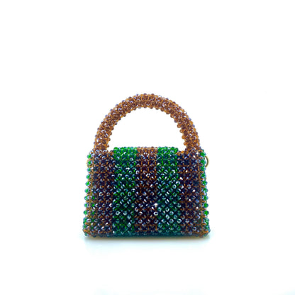 brown and green stripe beaded handbag. on white background