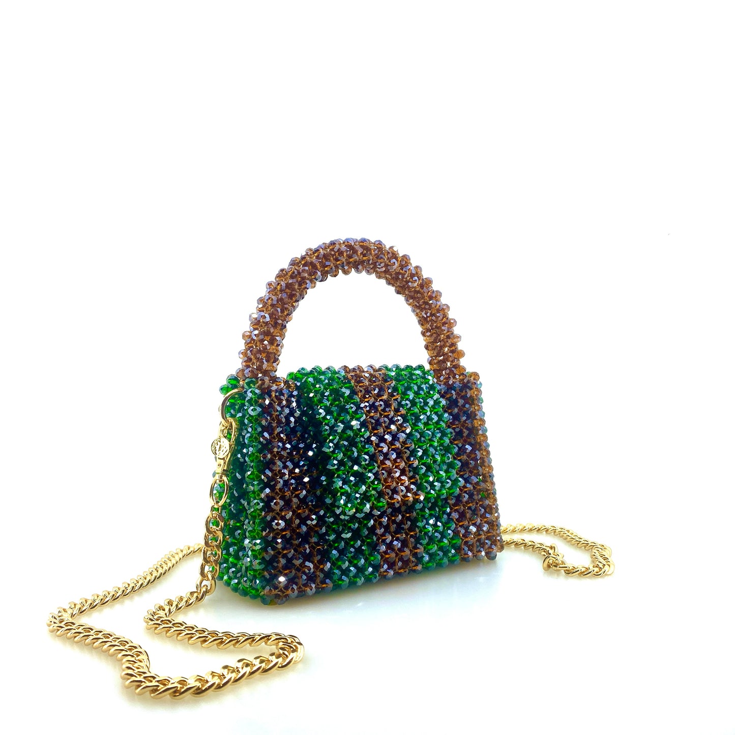 brown and green stripe beaded handbag with gold chain. on white background
