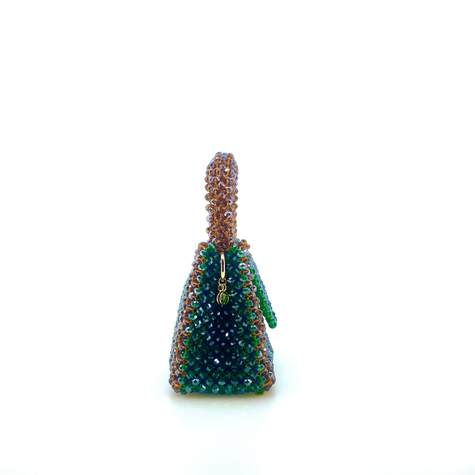 brown and green stripe beaded handbag. on white background