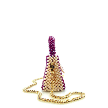 burgundy and cream stripe beaded handbag with gold chain. on white background