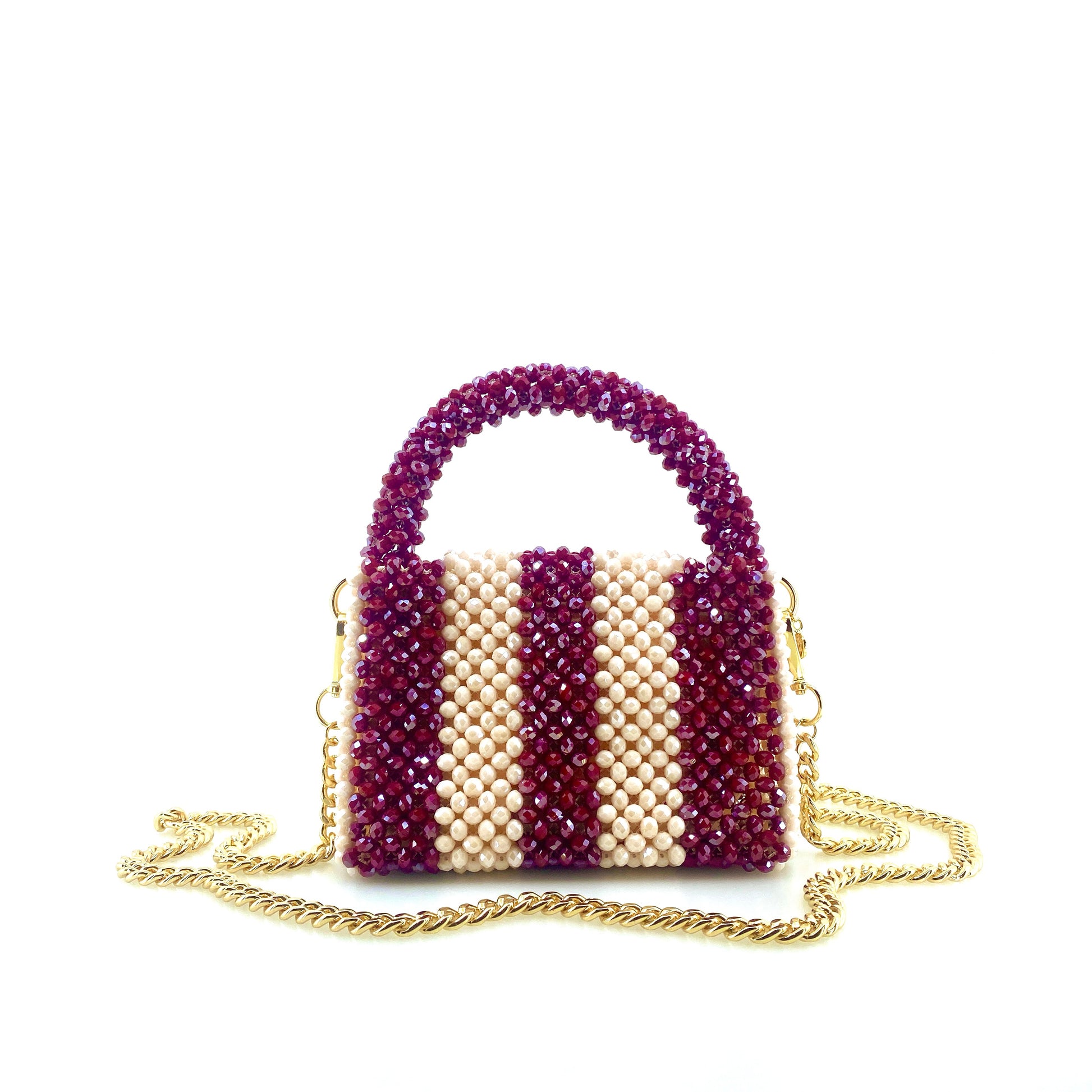 burgundy and cream stripe beaded handbag with gold chain. on white background