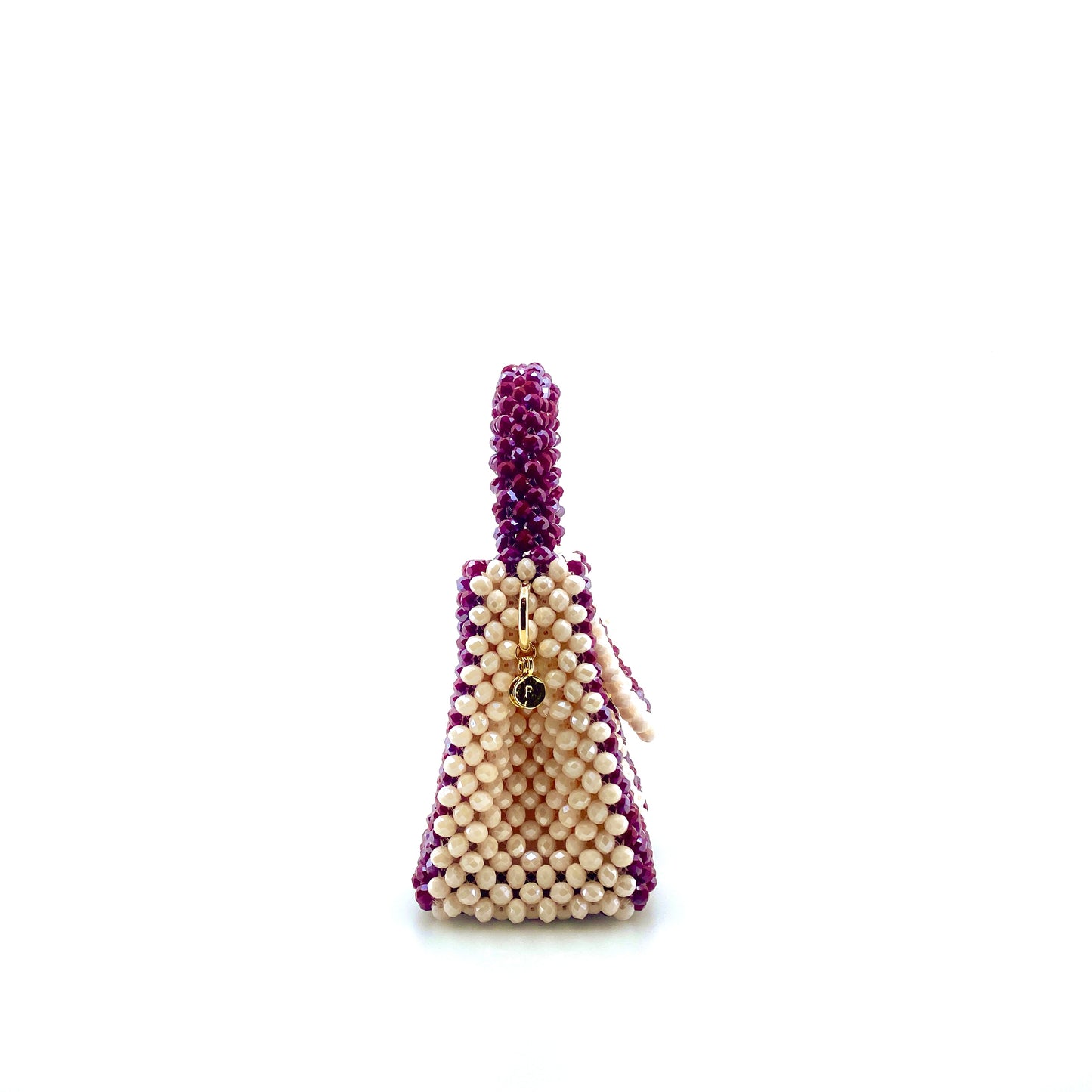 burgundy and cream stripe beaded handbag. on white background