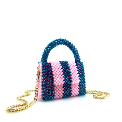 green and pink stripe beaded handbag with gold chain. on white background