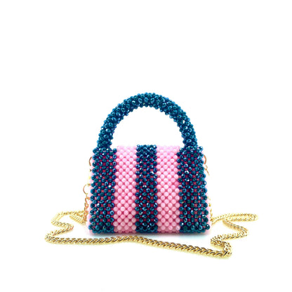 green and pink stripe beaded handbag with gold chain. on white background