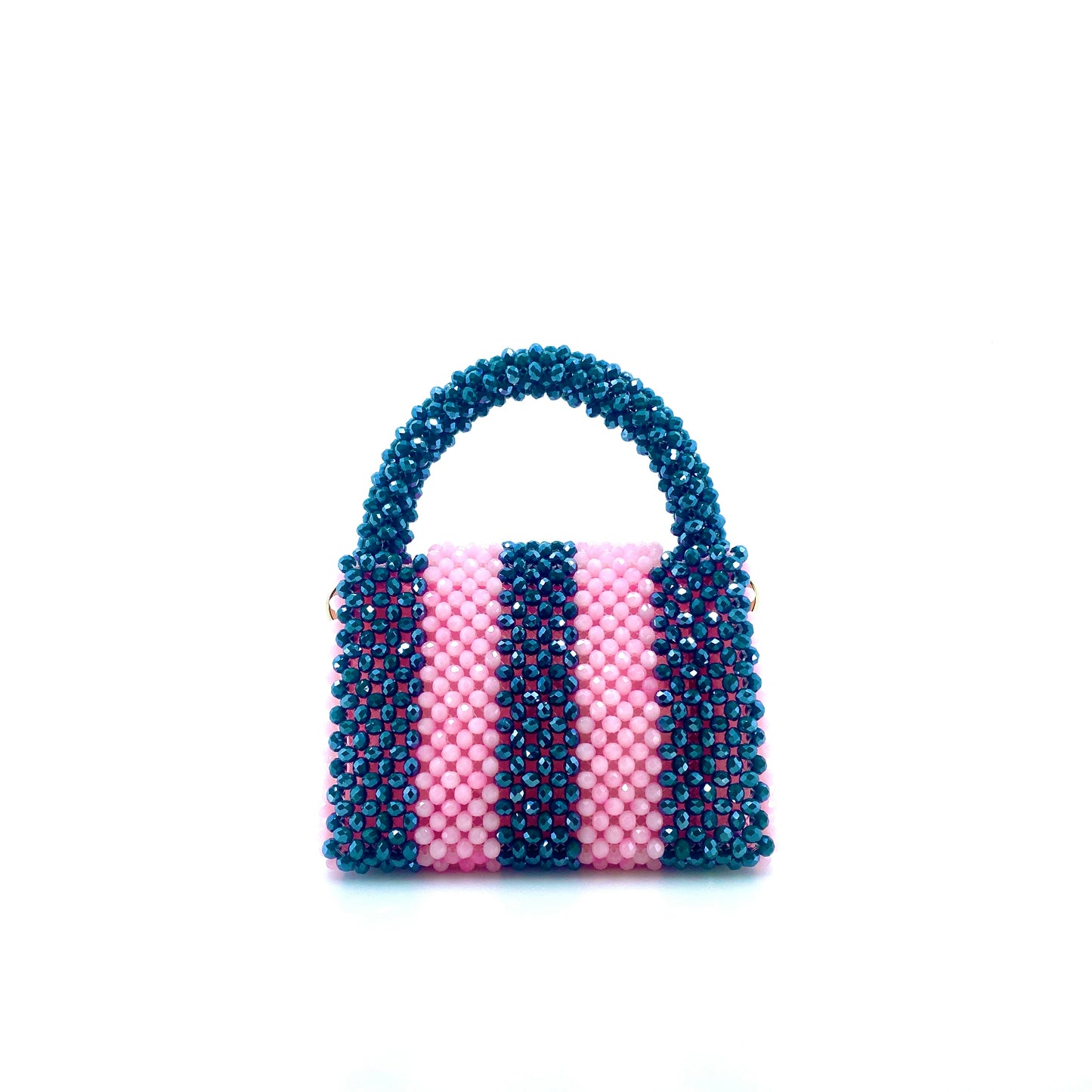 green and pink stripe beaded handbag. on white background