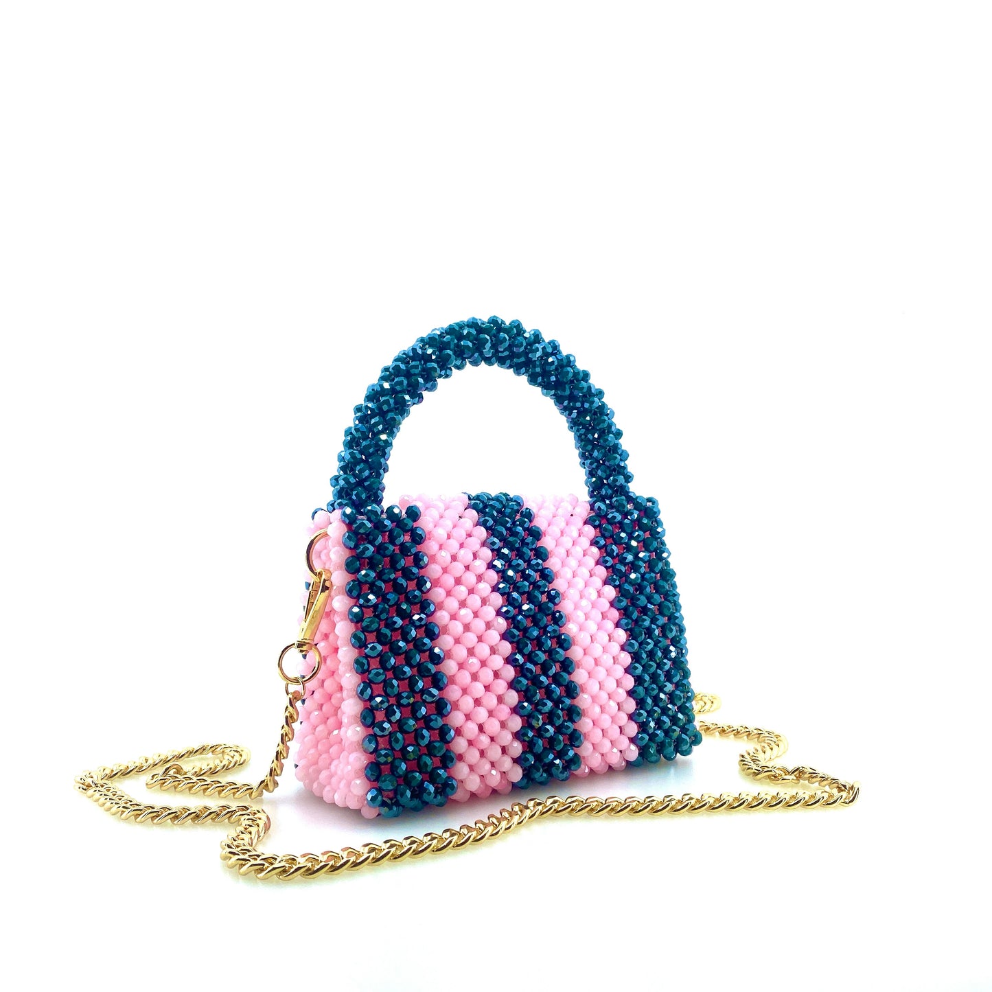 green and pink stripe beaded handbag with gold chain. on white background