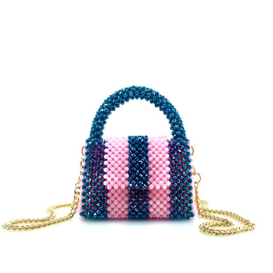 green and pink stripe beaded handbag with gold chain. on white background