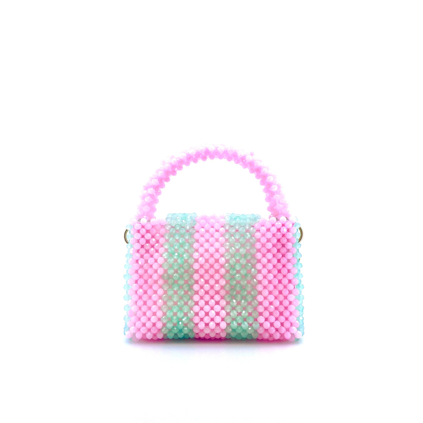 green and pink stripe beaded handbag. on white background