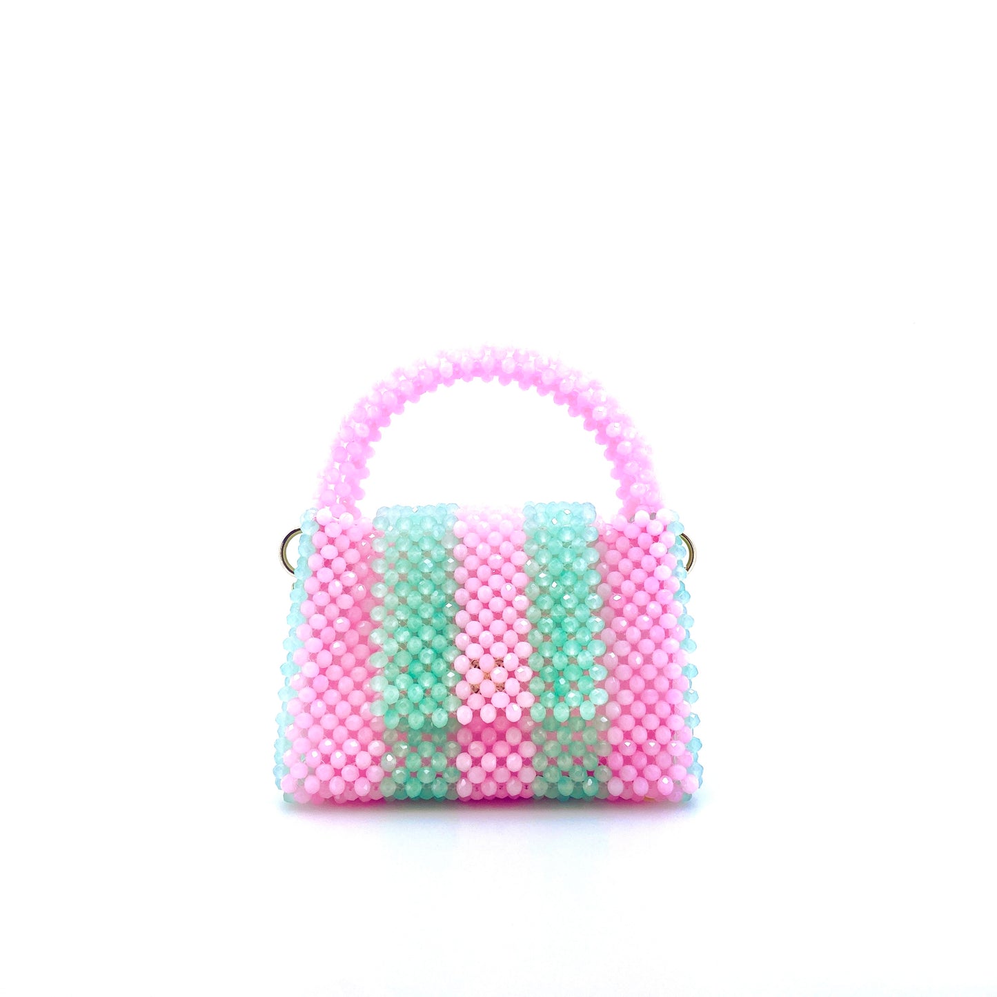 green and pink stripe beaded handbag. on white background