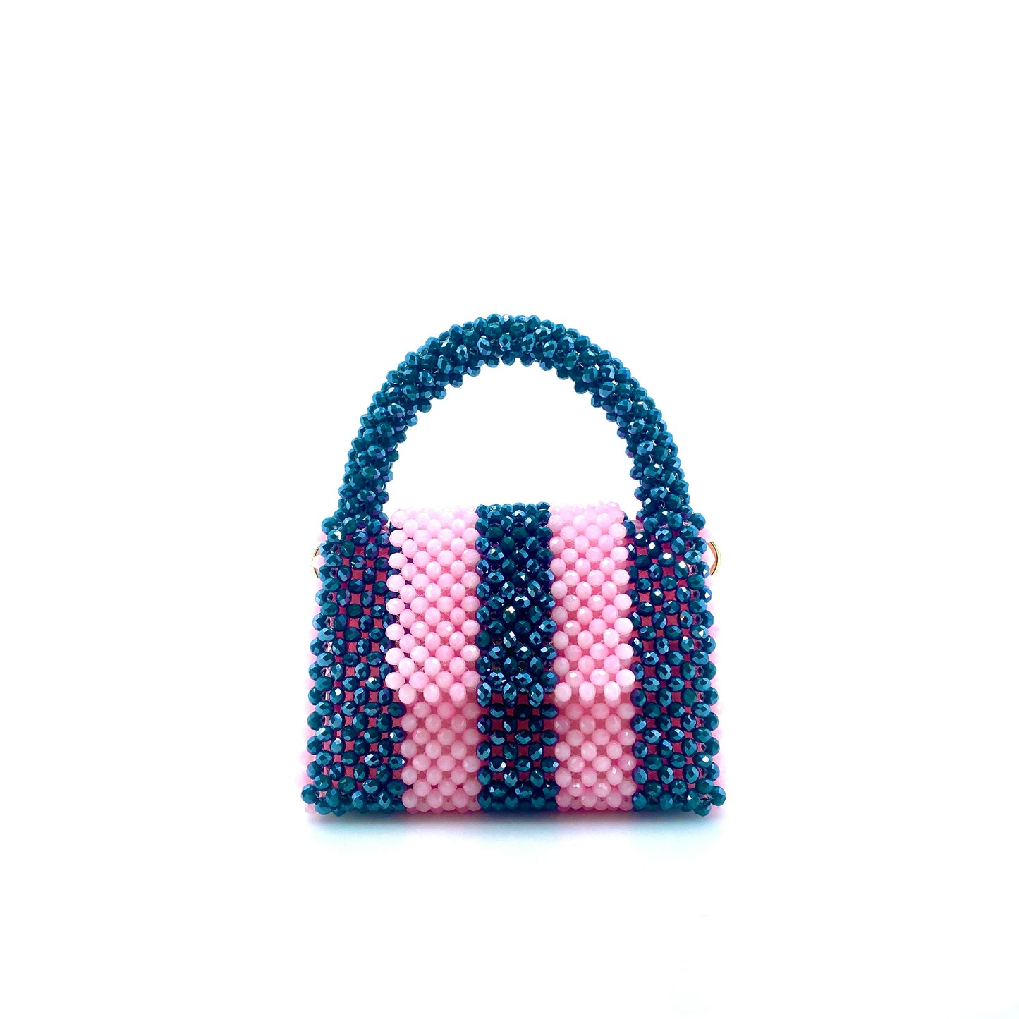 green and pink stripe beaded handbag. on white background