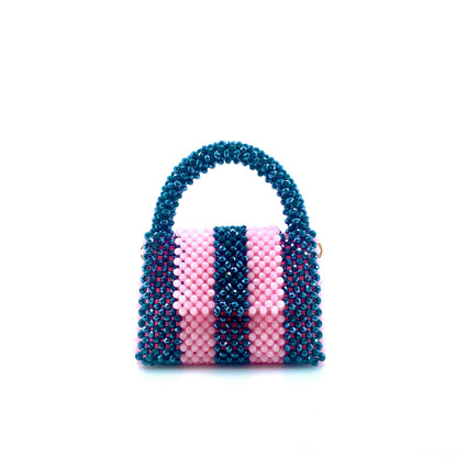 green and pink stripe beaded handbag. on white background