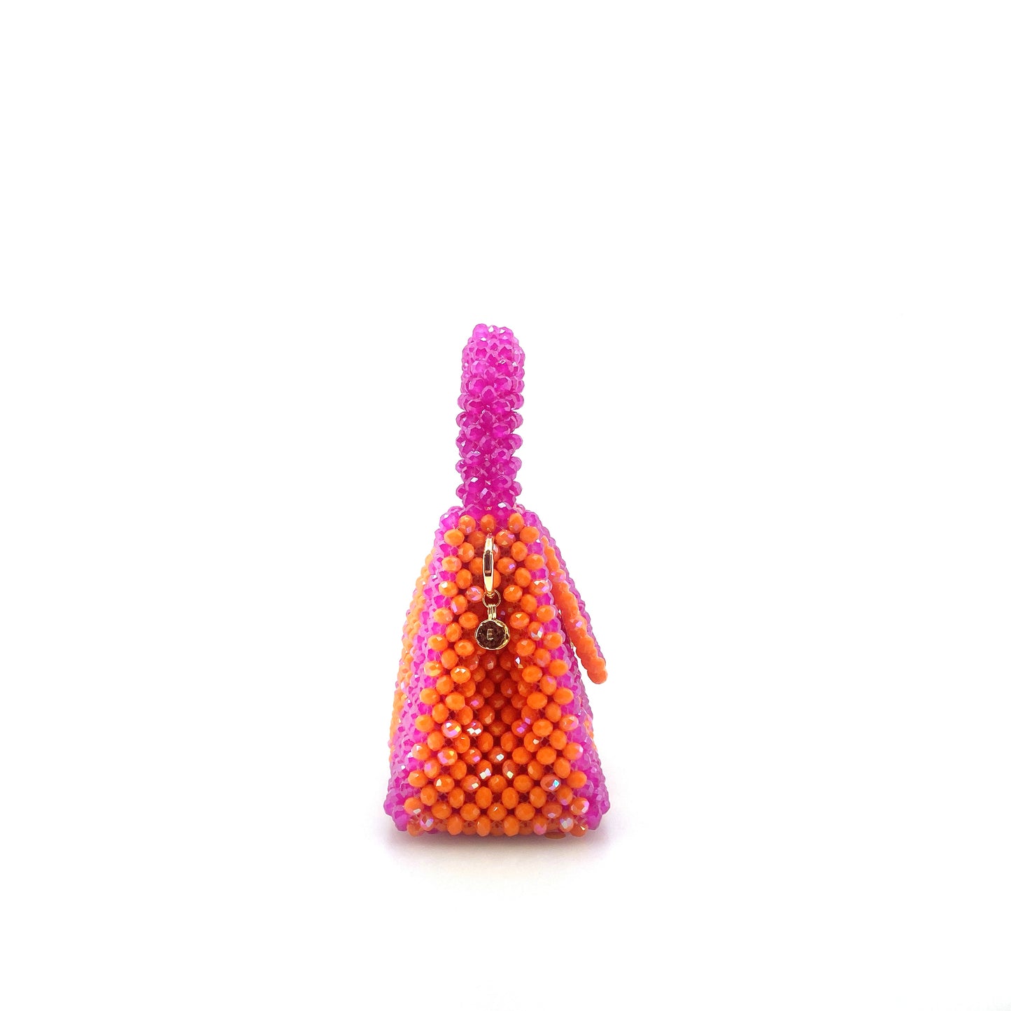 pink and orange stripe beaded handbag. on white background