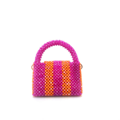 pink and orange stripe beaded handbag. on white background