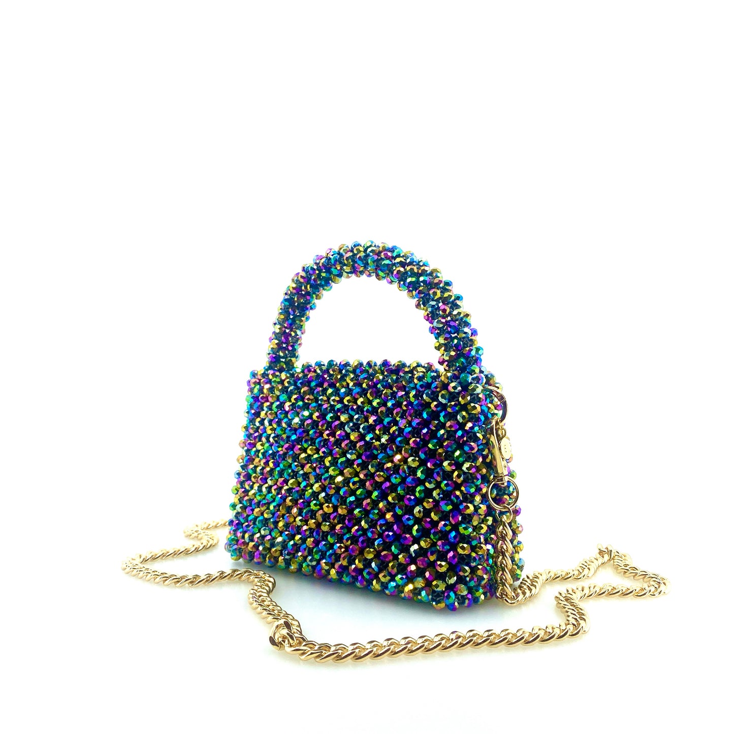 multicoloured rainbow beaded handbag with gold chain. on white background