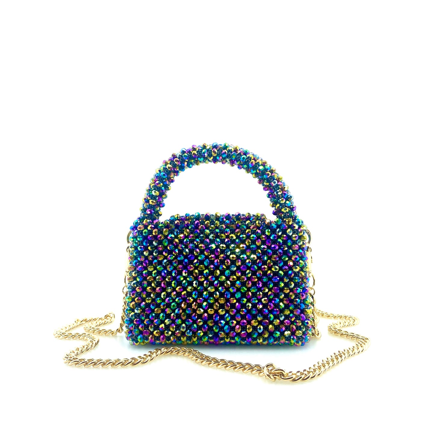 multicoloured rainbow beaded handbag with gold chain. on white background